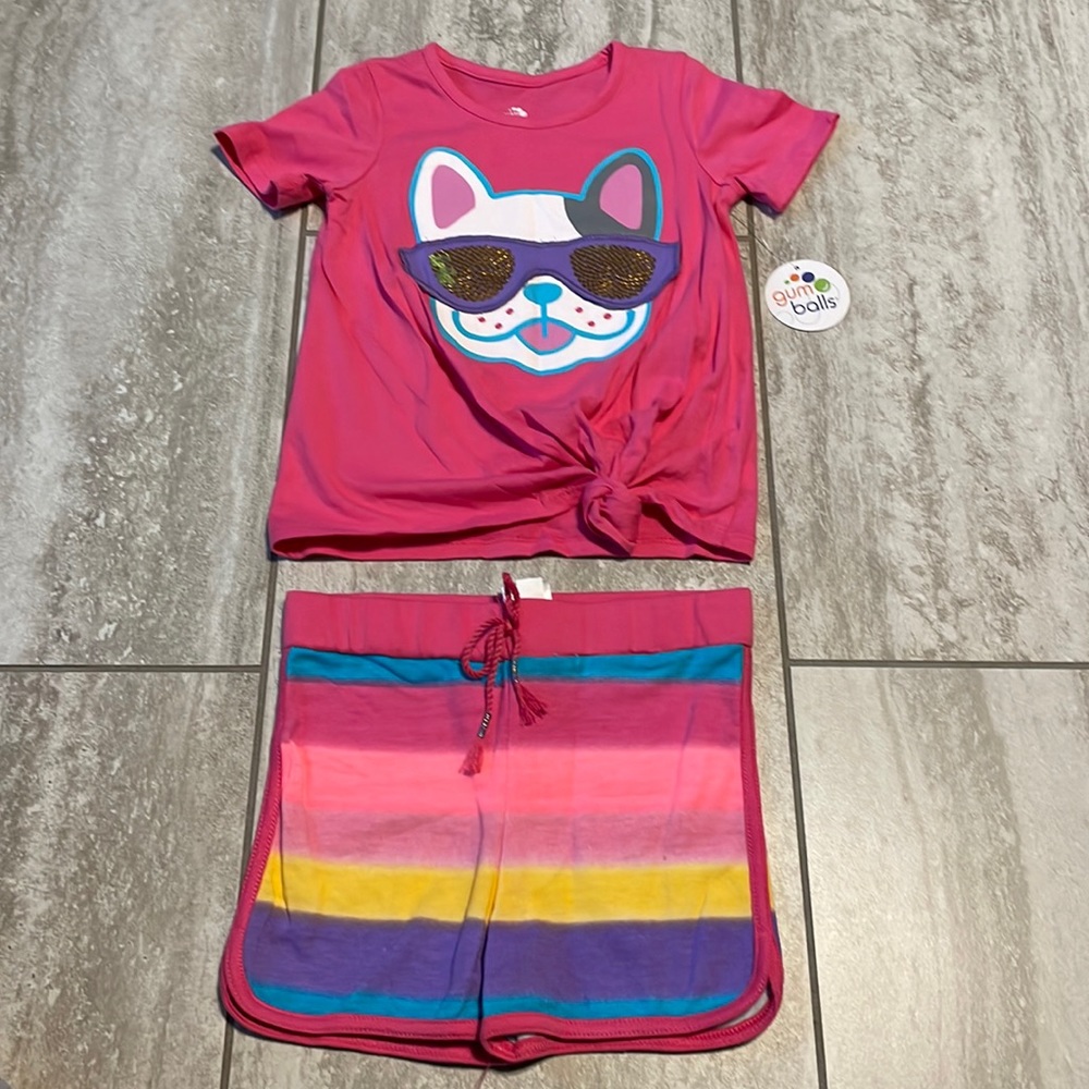 Gum balls pair of striped shorts and shirt with dog with glasses print
